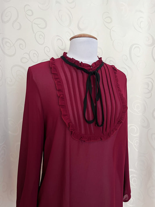Gothic/Jirai Kei style burgundy mesh blouse with ruffle detail ๐ซ