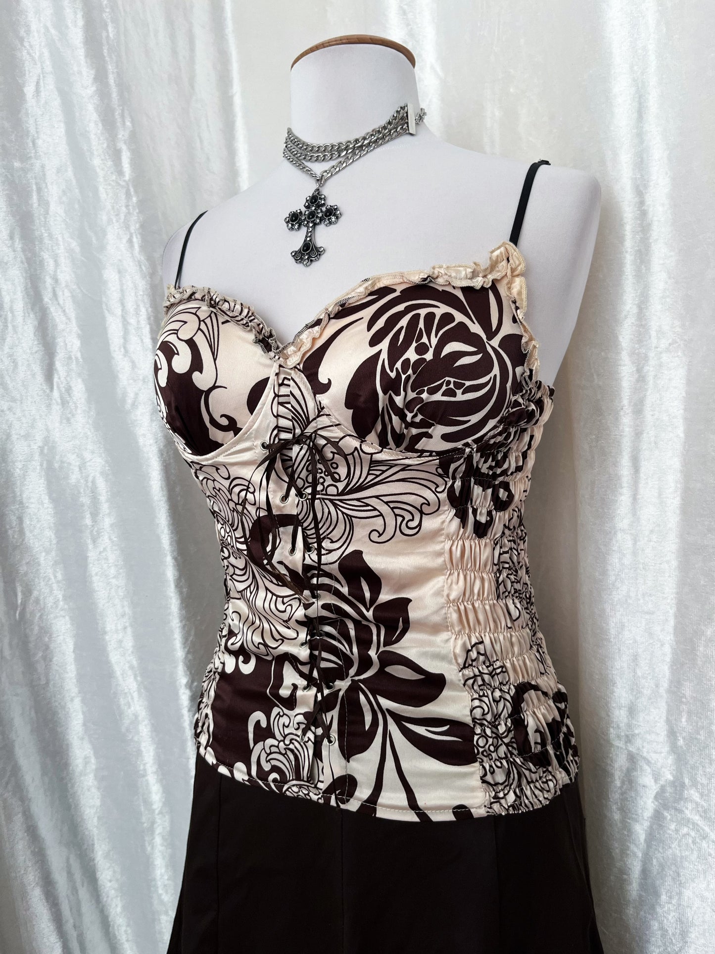 Fairy beige & brown corset bustier top with lace-up detail 🐌