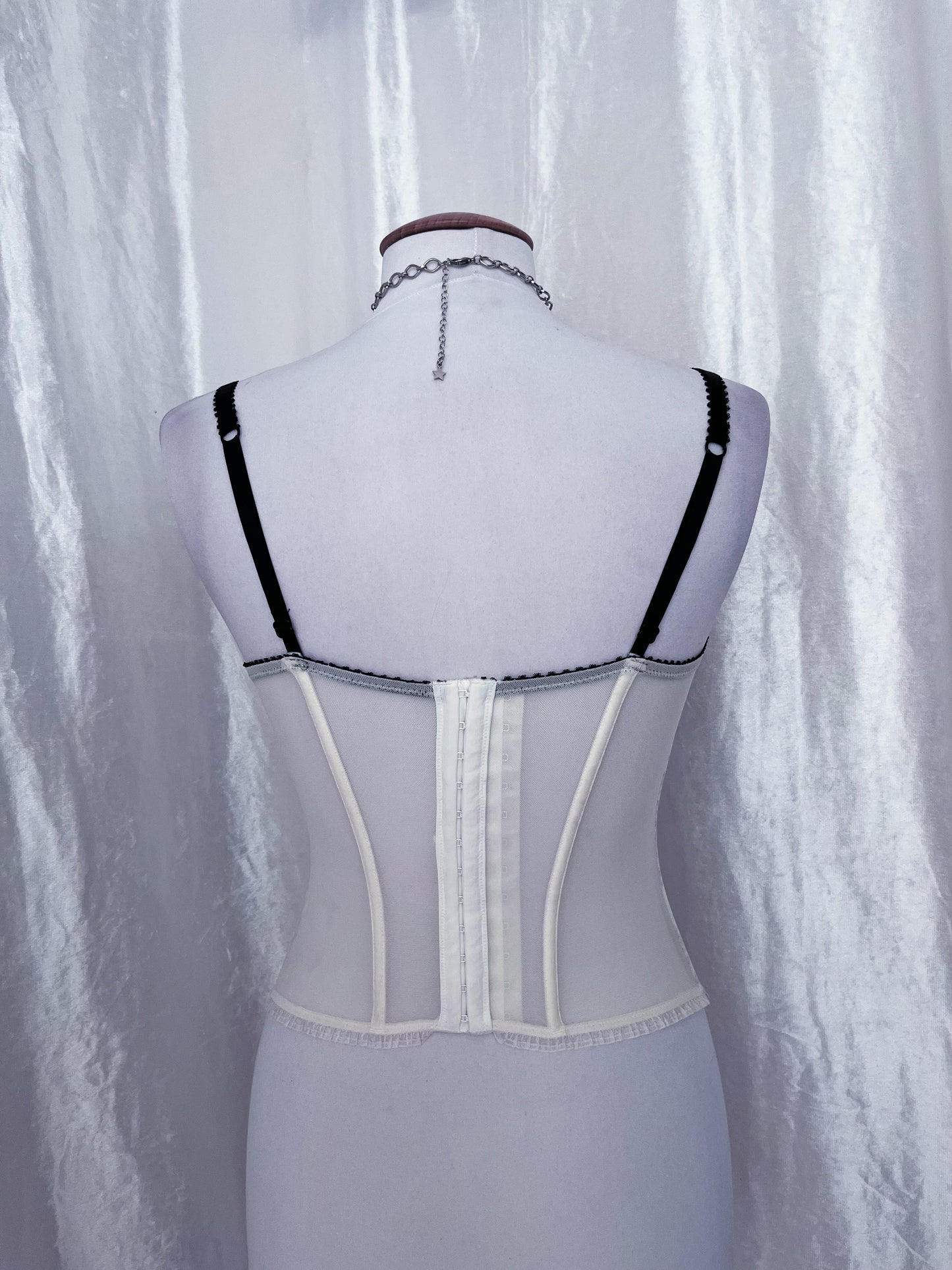 Gothic coquette white corset with black print details 🕷️🎀