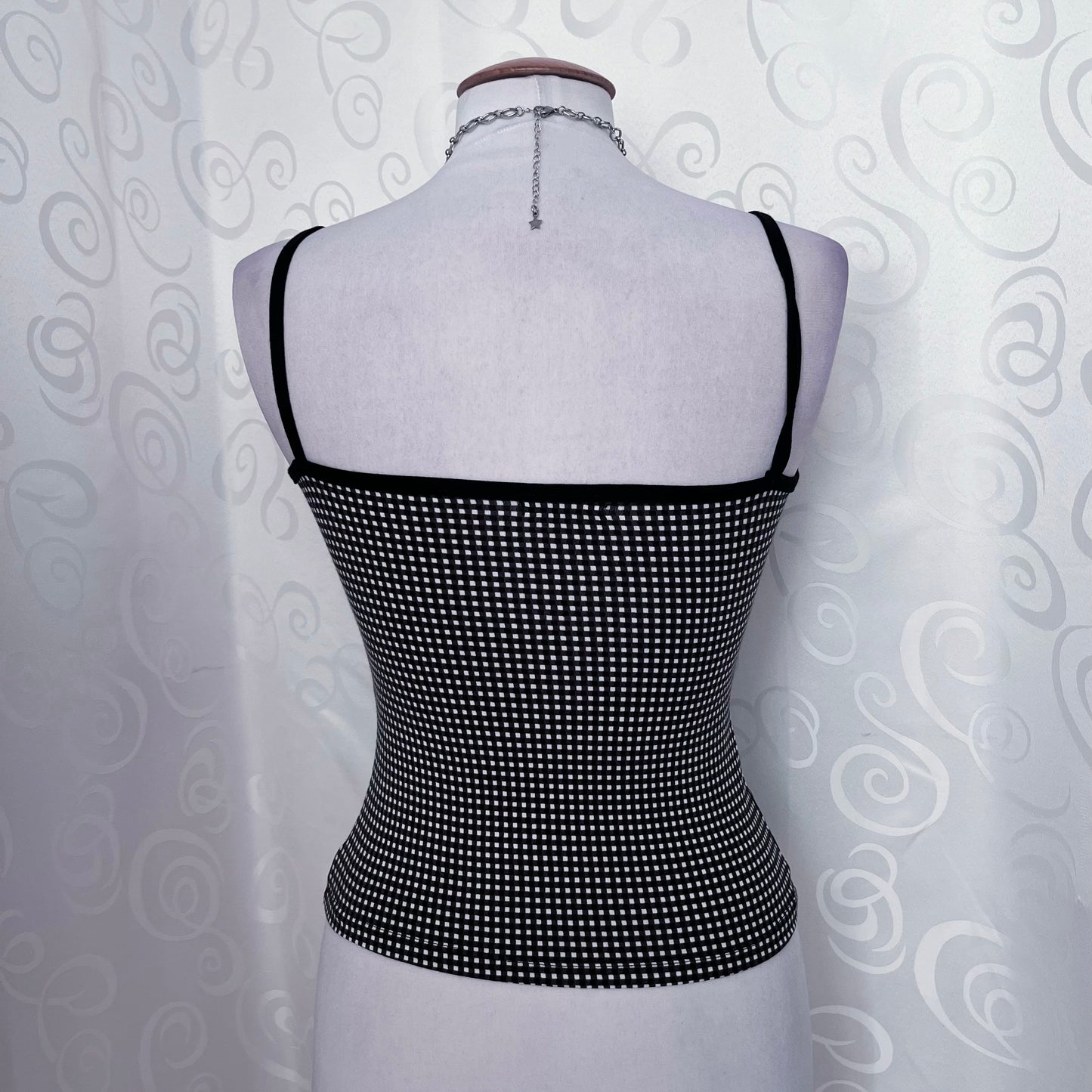 Twee little checked cami top with metallic hoops on the straps 🌀