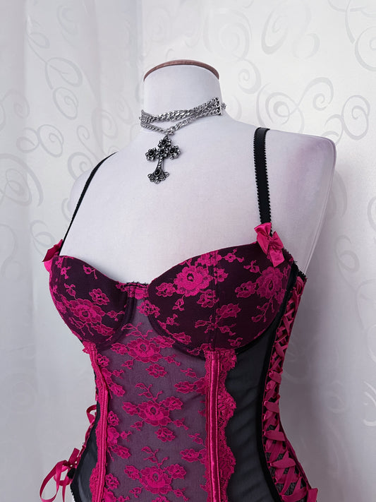 00's H&M pink lace mesh corset with lace-up side details ๐๐