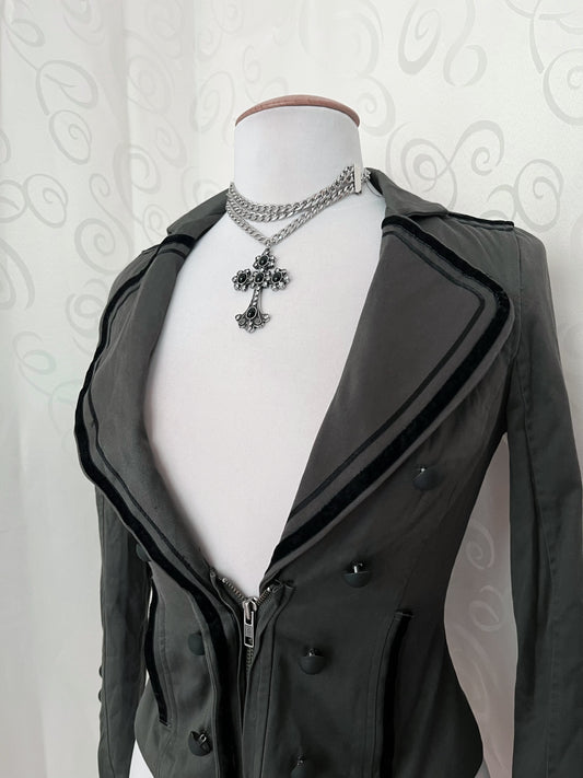 Saints & Mortals vintage deadstock zip-up khaki blazer with velvet details 🐍