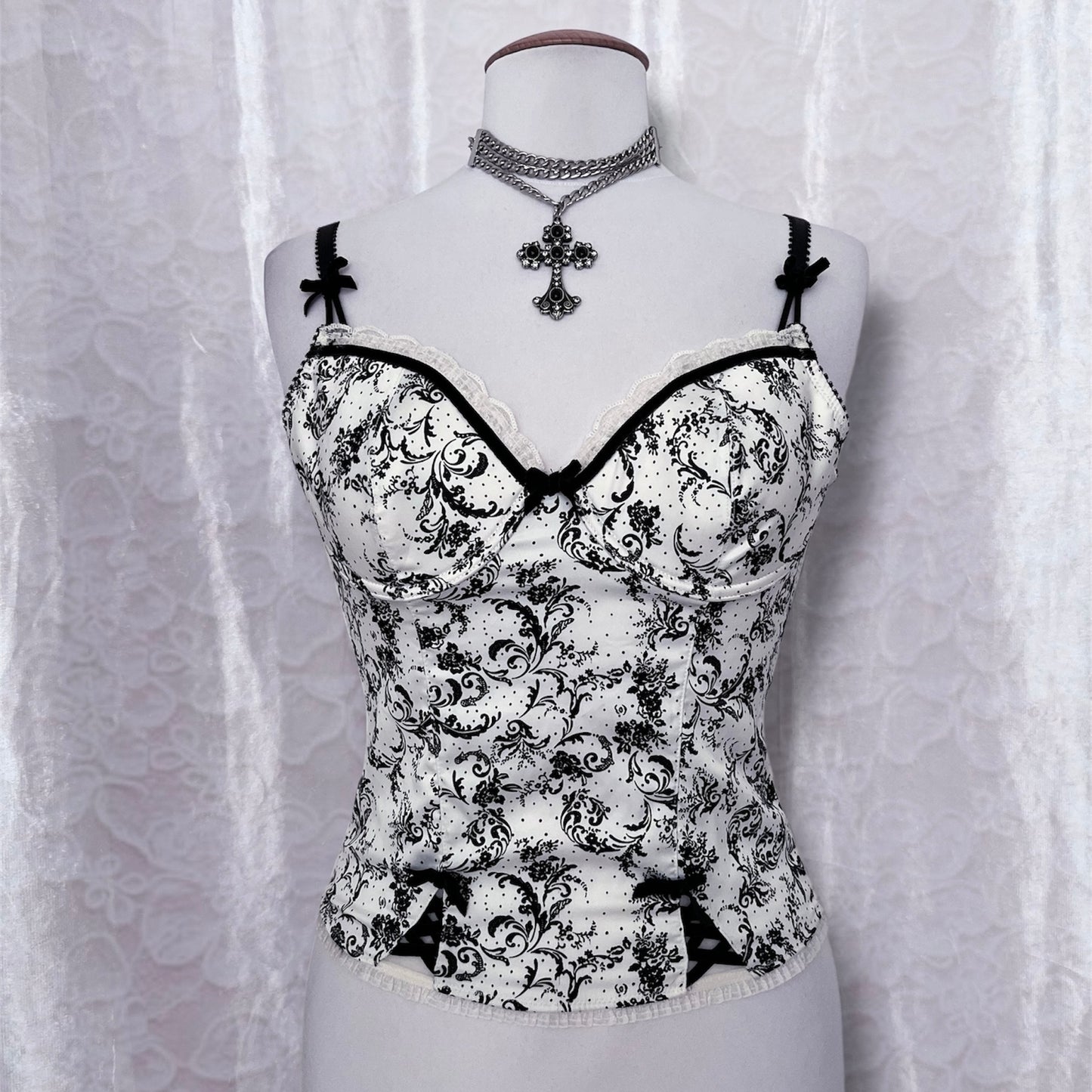 Gothic coquette white corset with black print details 🕷️🎀