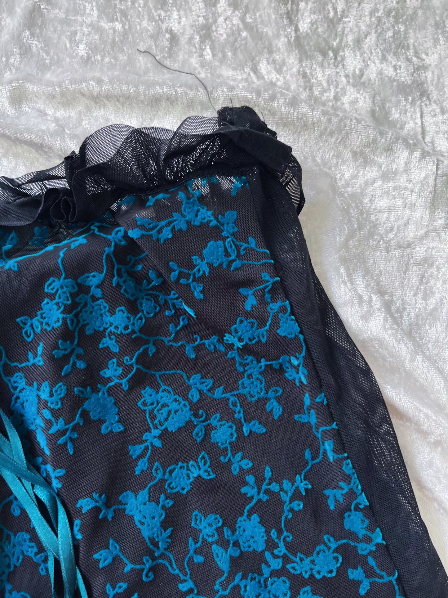 Dark whimsy see-through mesh lace-up top with teal velvet embroidered details 🦇