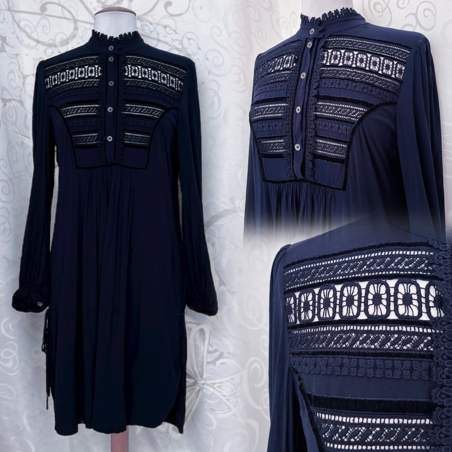 00’s gothic jirai kei navy dress with velvet details 🦇