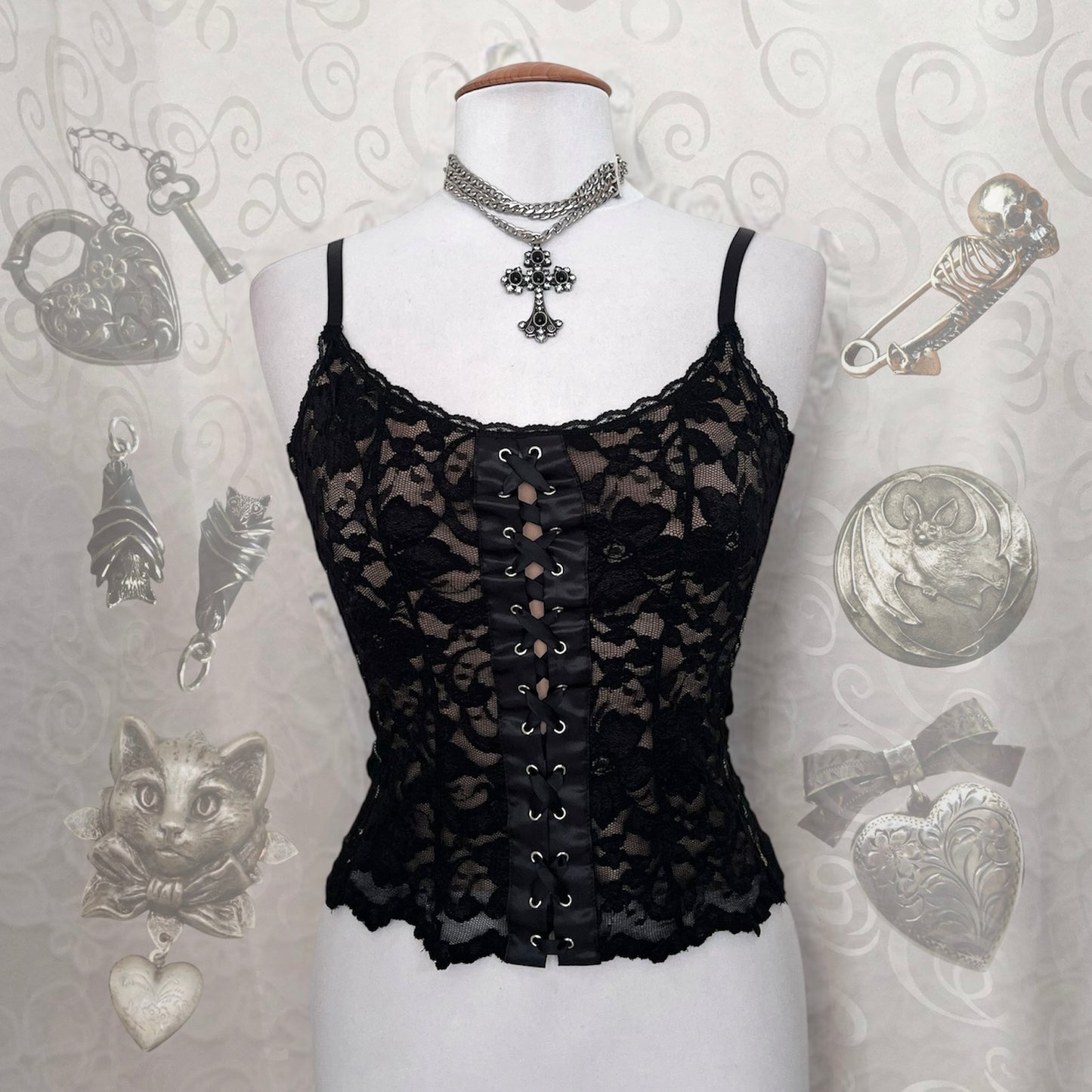 Gothic fairy beige lace corset top 🦇🪽