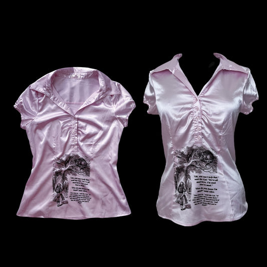 Weβre All Mad Here Reworked Fishbone pink saten shirt β±οΈπ