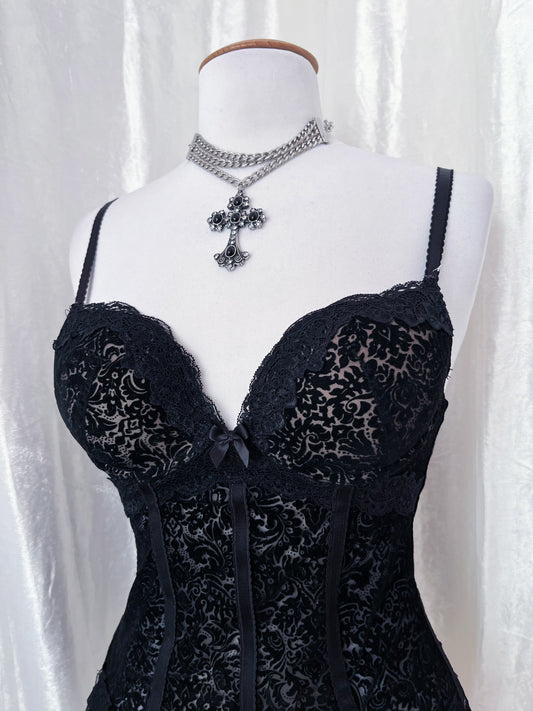 00βs Gothic velvet & mesh corset top π¦