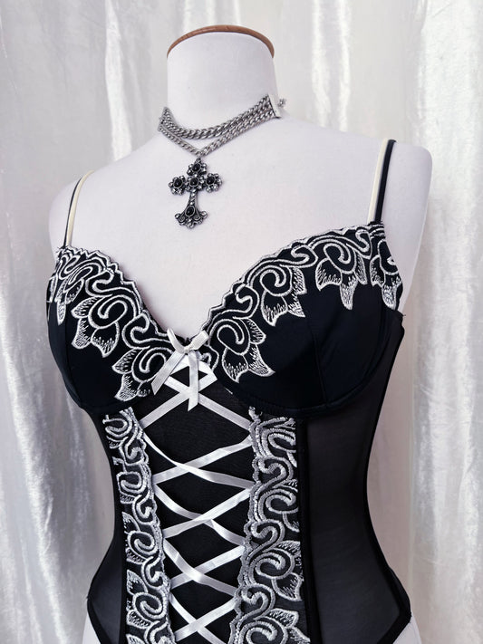 00βs dark fairy mesh corset with embroidered details