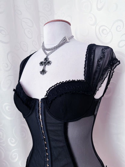 Dark Coquette/Gothic mesh sheer black corset 🕷️🕸️