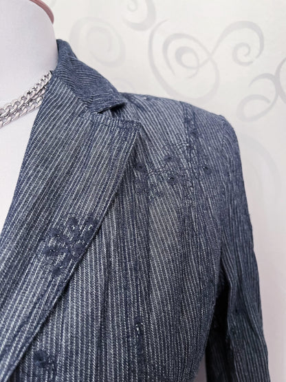 00’s whimsygoth striped & embroidered grey blazer 🌀🥀