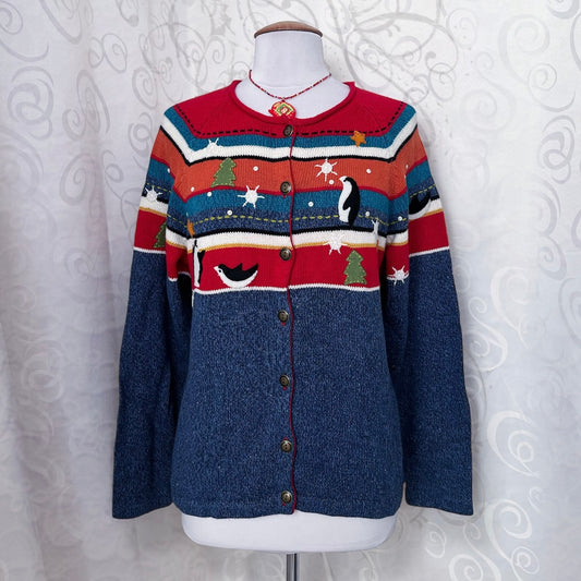 Vintage Susan Bristol knit cardigan with embroidered details & penguin patchwork 🐧❄️