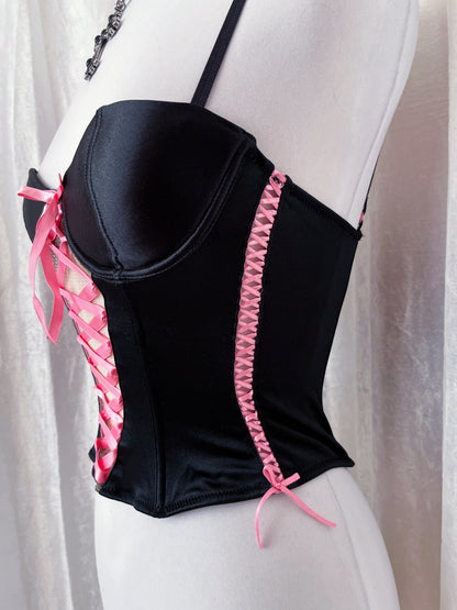 H&M little hot black corset top with lace-up pink bow 🎀