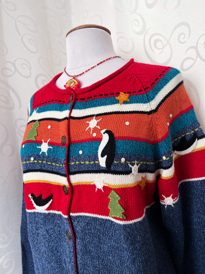 Vintage Susan Bristol knit cardigan with embroidered details & penguin patchwork 🐧❄️