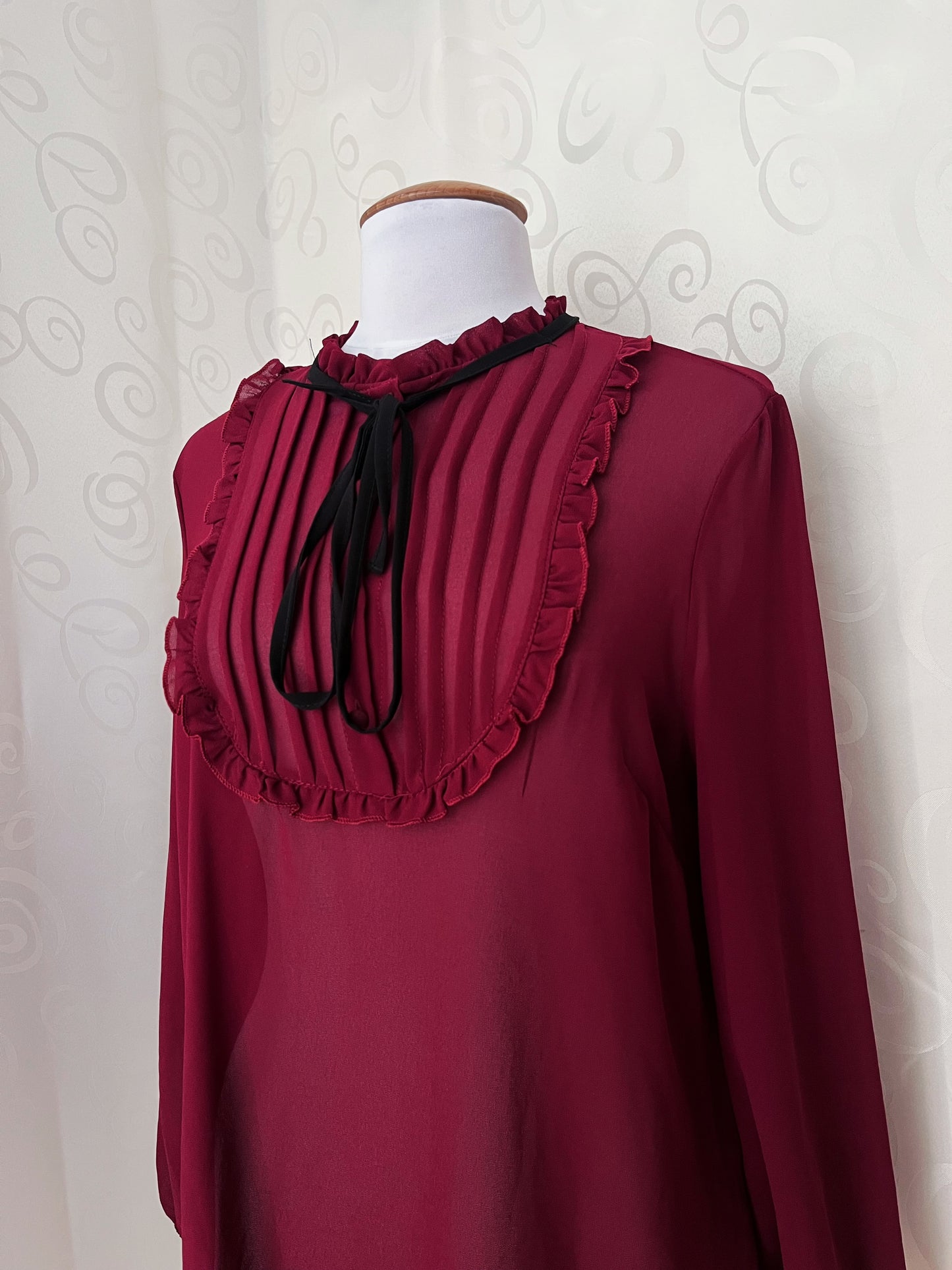 Gothic/Jirai Kei style burgundy mesh blouse with ruffle detail 🫀