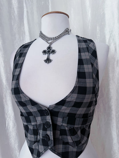 00’s Fishbone dark academia crop plaid vest 📓🌀