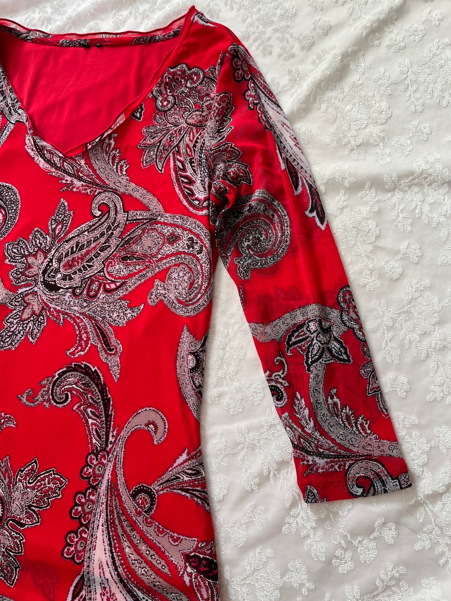 Y2k paisley pattern red mesh top 🦋