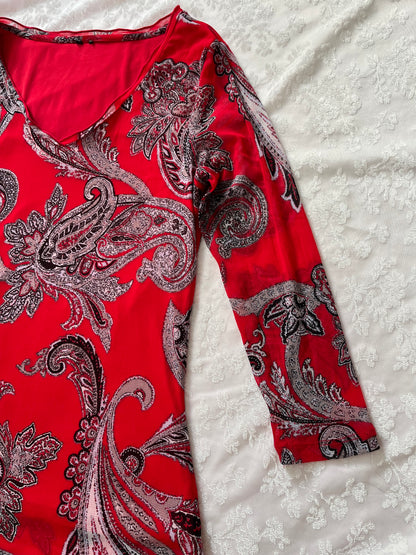 Y2k paisley pattern red mesh top 🦋