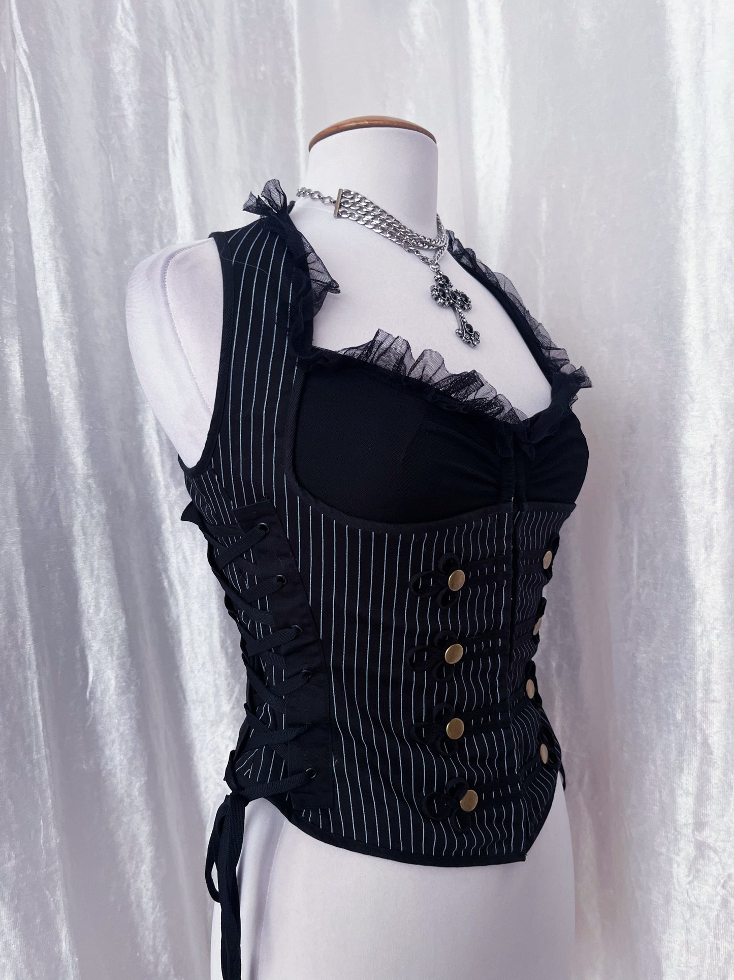 Spin Doctor gothic vest striped cotton corset with lace-up details 🦇
