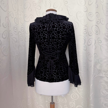00’s Gothic mesh velvet polka dot shirt with ruffle & lace-up details 🦇