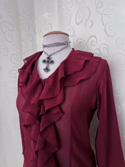 00’s Gothic/Jirai Kei mesh burgundy ruffle shirt 🫀