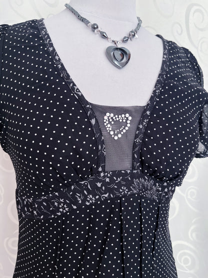 Dark coquette polka dot silk & viscose dress with heart bead detail 🎹🎶