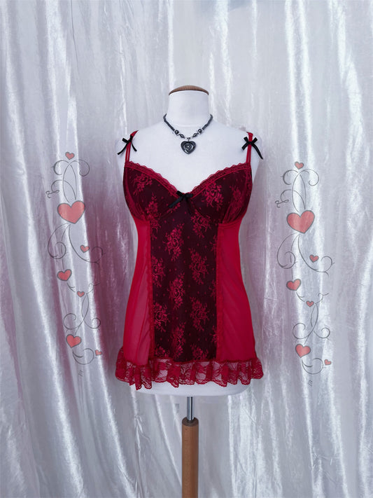 ♱Pretty red mesh & lace babydoll♱