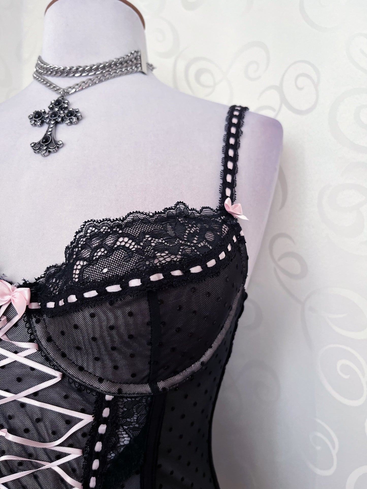 Dark Coquette black & pink lace up corset 🎀