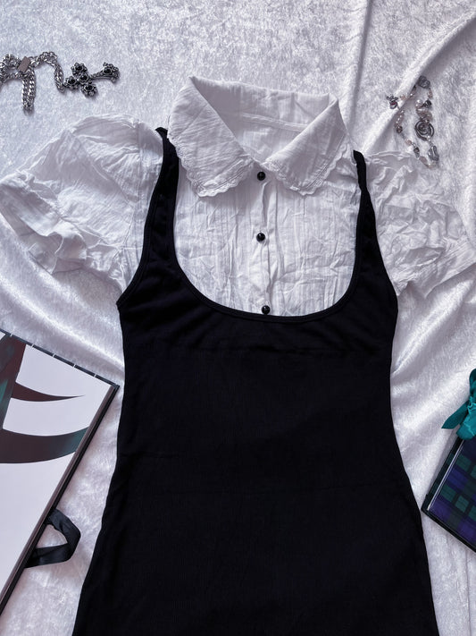 Dark coquette black dress with shirt & puff sleeves 🎼🎹