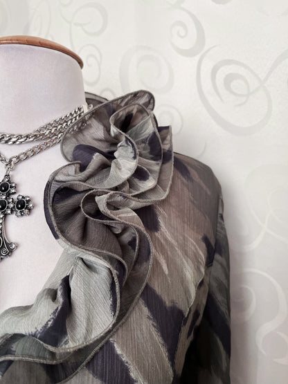 00’s whimsy fairy khaki mesh shirt with ruffle detail 🧚🏾