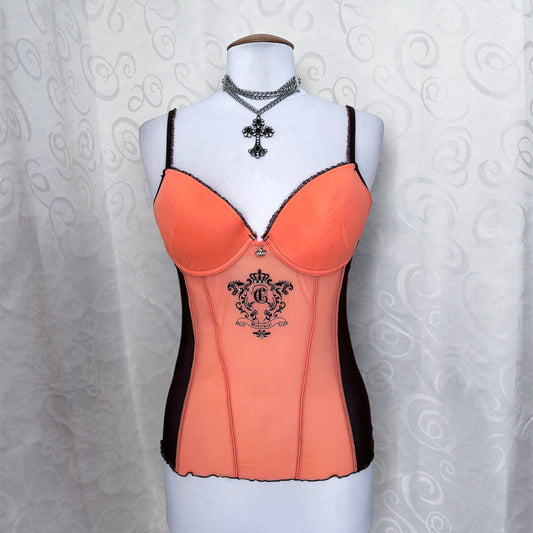 Iconic coral & brown mesh bustier top with y2k crown print & charm 👑