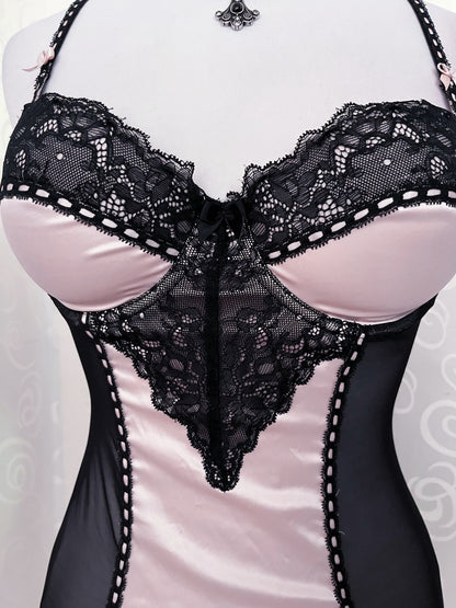 00's dark coquette mesh & satin pink bustier/nightgown 🎀