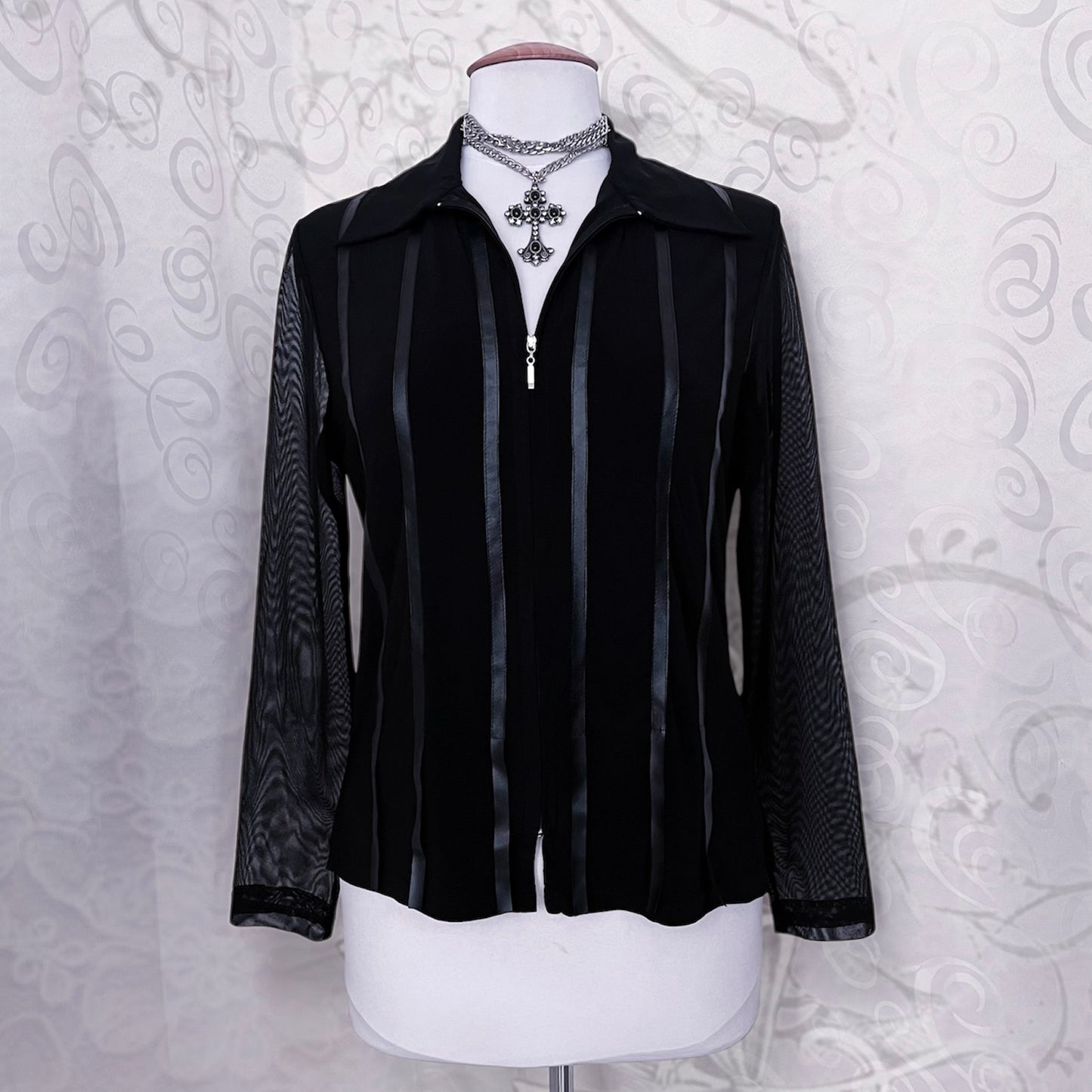 00's Gothic black zip-up shirt with mesh sleeves & satin striped details 🦇🌀