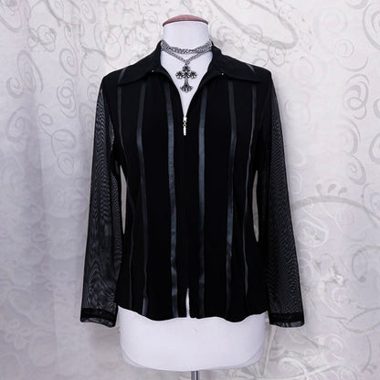 00's Gothic black zip-up shirt with mesh sleeves & satin striped details 🦇🌀