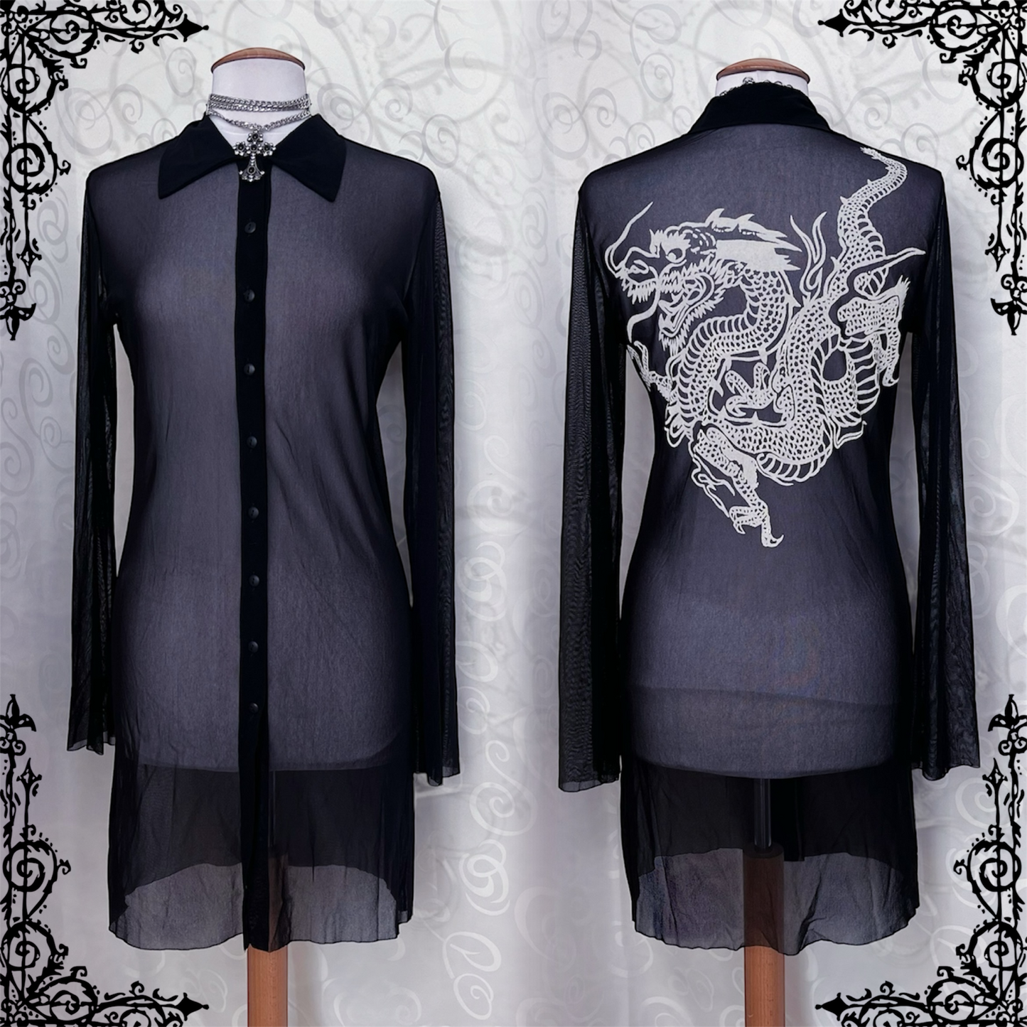 Gothic long mesh shirt/dress with dragon print on the back 🐉