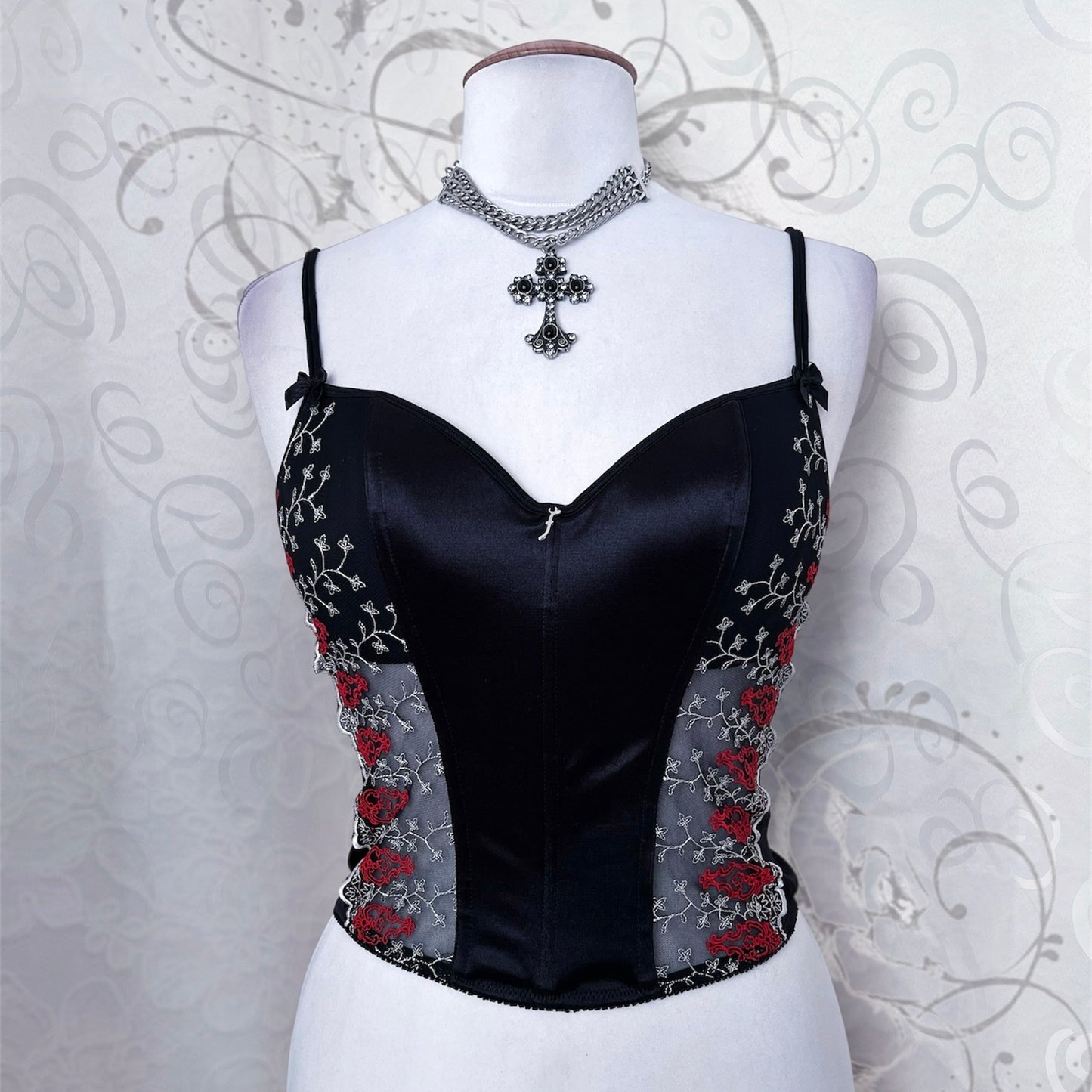 00’s whimsygoth satin corset with mesh & embroidered details 🫀🌀