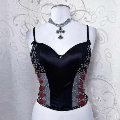 00’s whimsygoth satin corset with mesh & embroidered details 🫀🌀