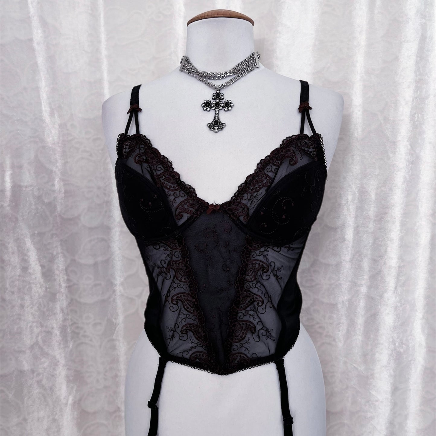 Whimsy mesh black corset with brown embroidery ✨