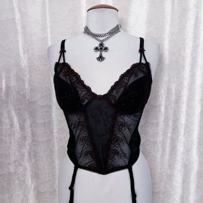 Whimsy mesh black corset with brown embroidery ✨