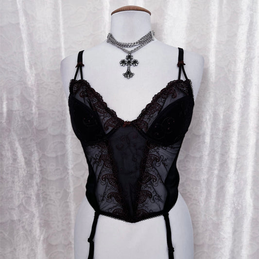 Whimsy mesh black corset with brown embroidery ✨