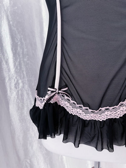 Gothic/Coquette mesh black corset top with pink details 🎀🪽