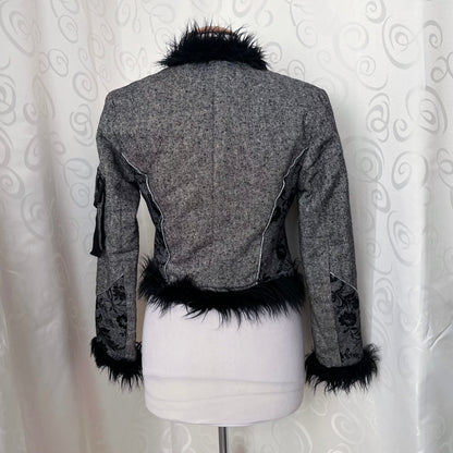 Vintage whimsygoth grey light afghan jacket with velvet, zipper & pocket details 🌀🧚🏾