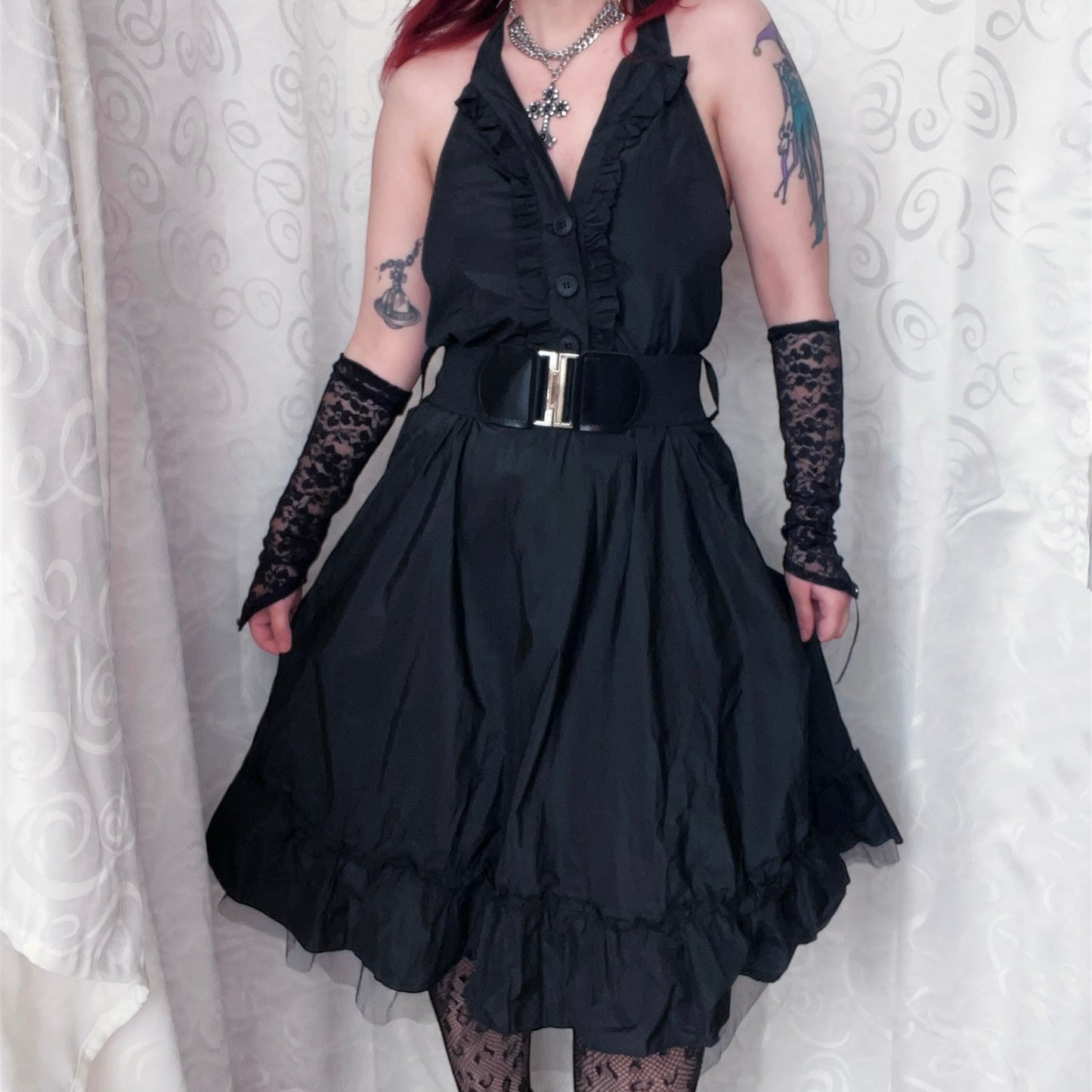 00’s deadstock Gothic/Jirai Kei halter black dress with ruffle detail 🕷️🌀