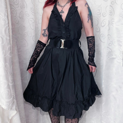 00’s deadstock Gothic/Jirai Kei halter black dress with ruffle detail 🕷️🌀