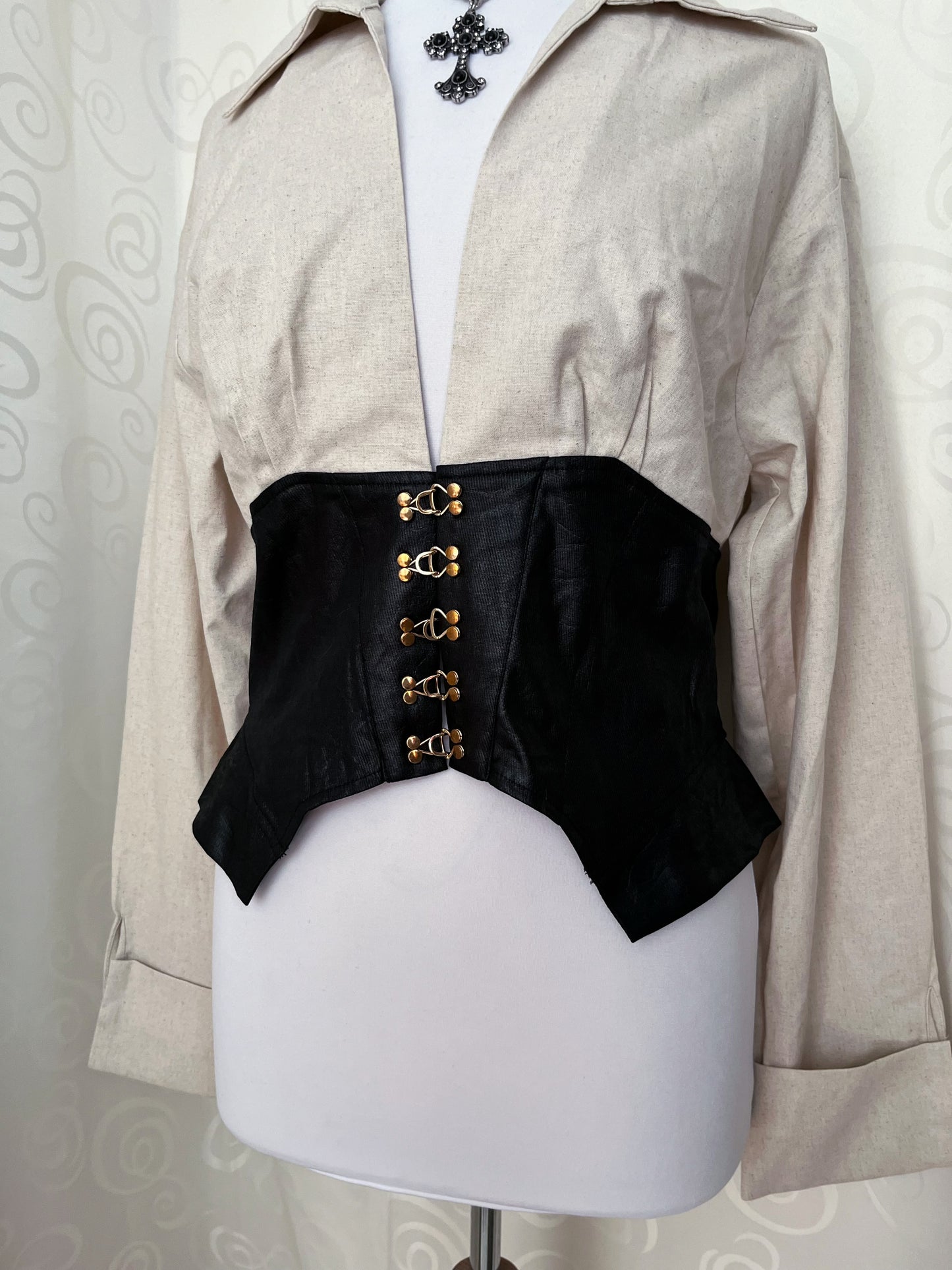 Modern gothic linen shirt with faux leather corset detail 🖤