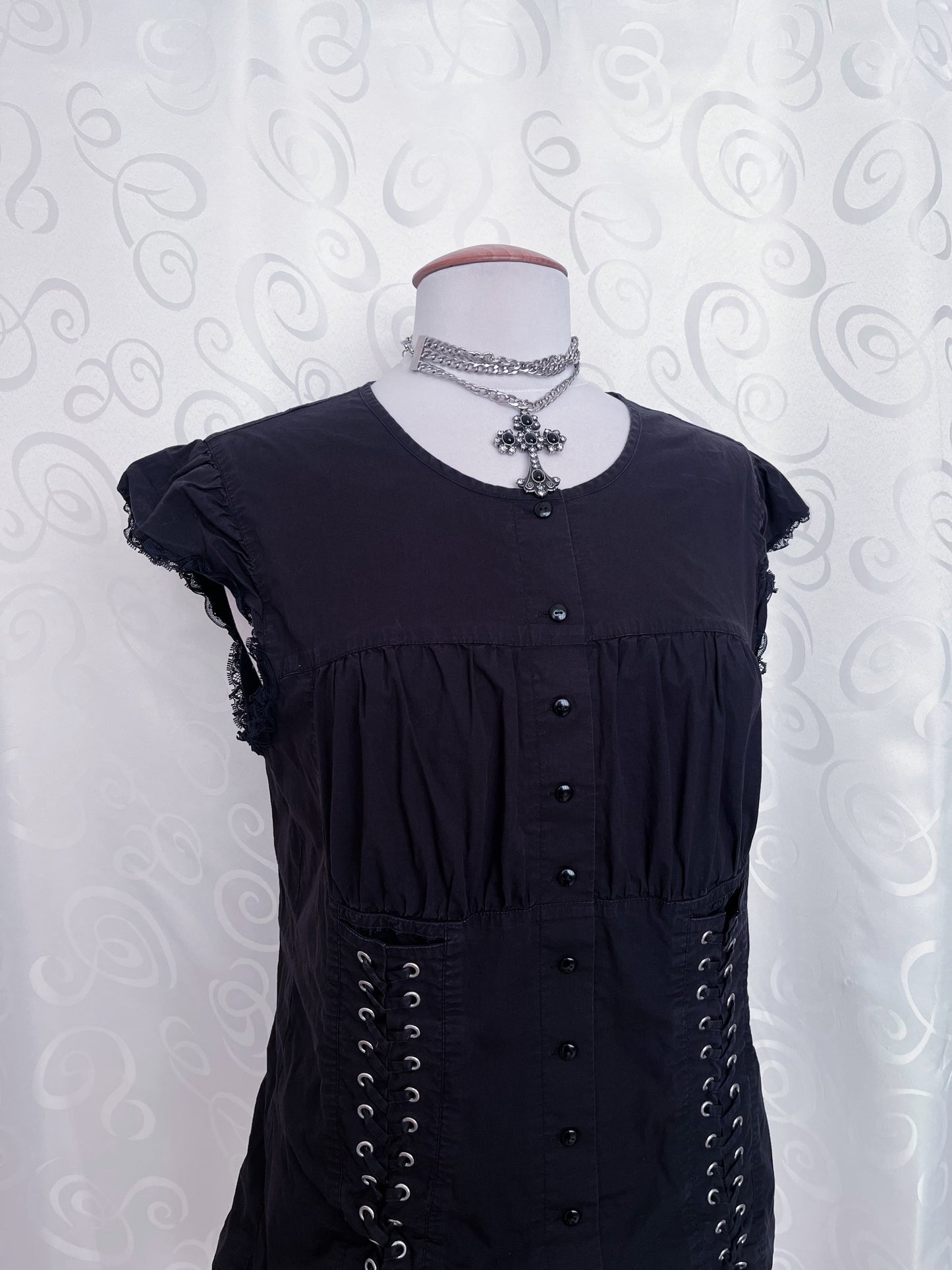 00’s gothic black cotton shirt with lace-up details 🦇🕷️