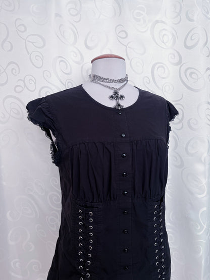 00’s gothic black cotton shirt with lace-up details 🦇🕷️