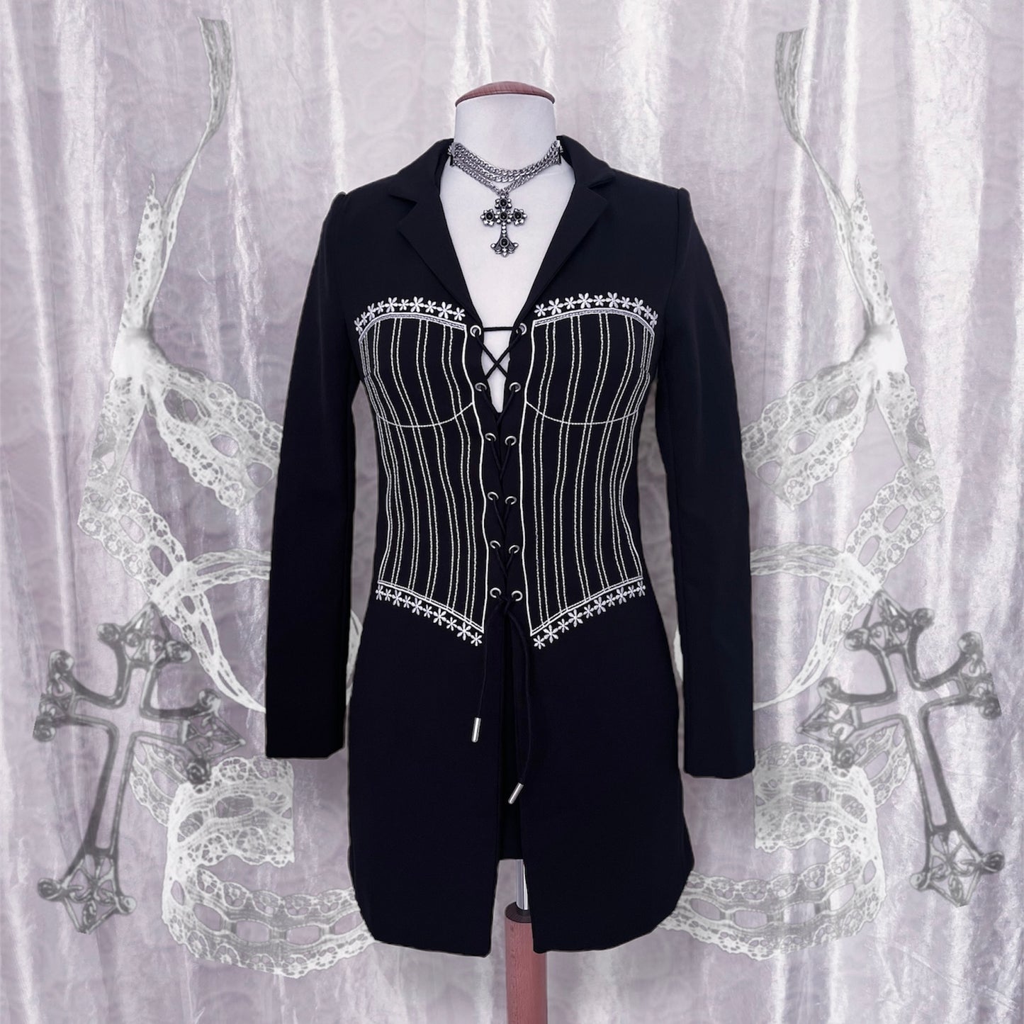 Gothic blazer dress with corset print embroidery & lace up 🎀🦇