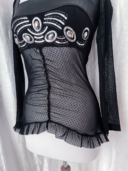 Whimsygoth lacey top with faux leather & sequin details 🦇🧚🏾