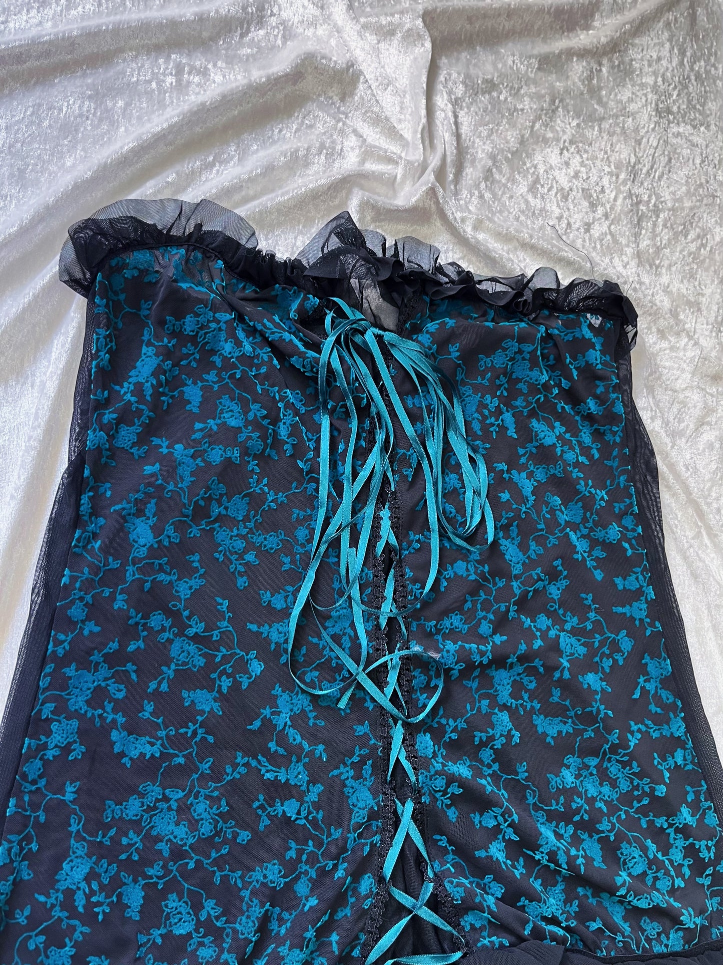 Dark whimsy see-through mesh lace-up top with teal velvet embroidered details 🦇
